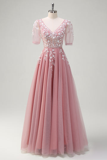 A Line V Neck Sequined Appliqued Tulle Blush Prom Dress with Short Sleeves